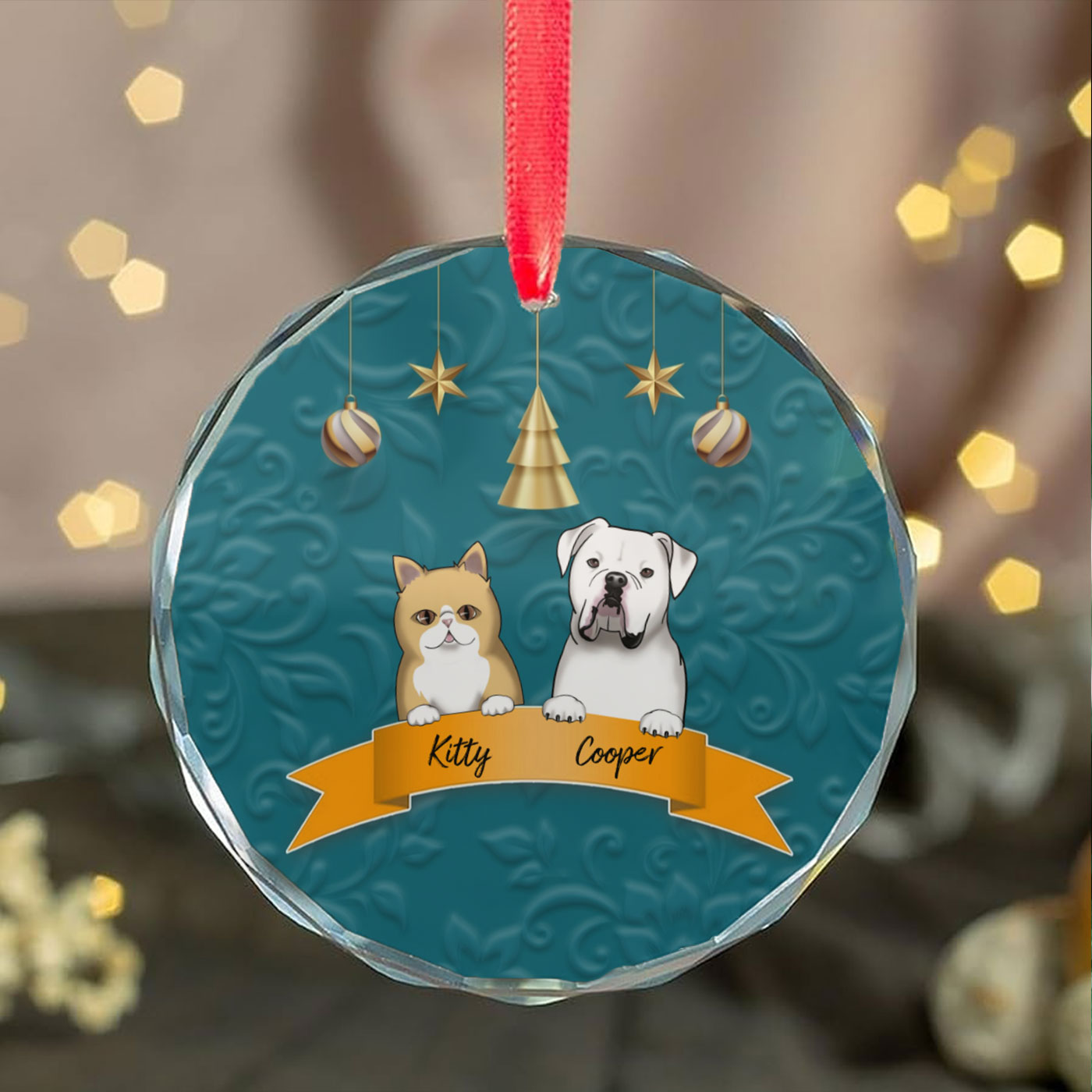 Personalized Dog and Cat Christmas Ornament with Custom Names | Circle Glass Ornament